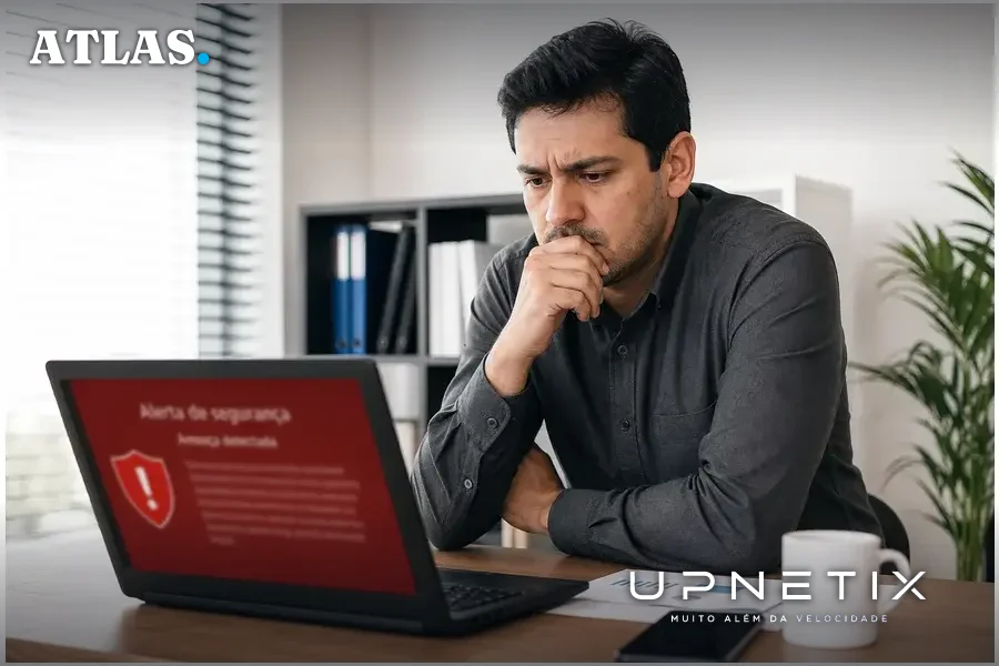 Pequeno empresário brasileiro preocupado com segurança digital no escritório