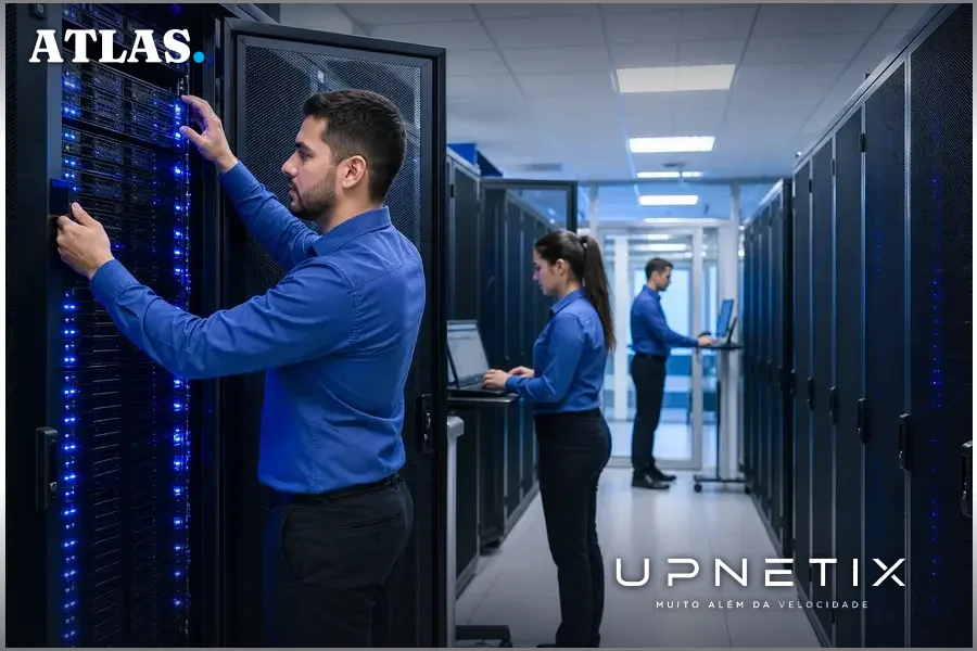 Sala moderna de data center com servidores e operadores técnicos brasileiros em trajes corporativos azuis.
