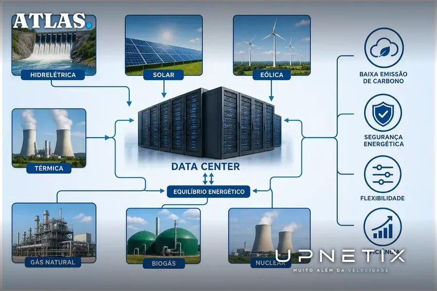 Diagrama didático representando arquitetura energética neutra tecnologicamente para data centers.
