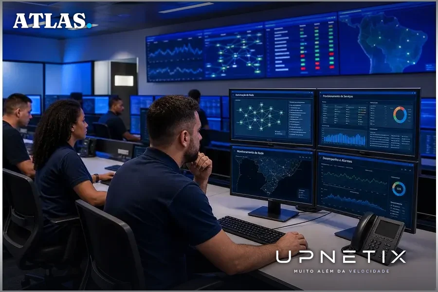 Operadores em central de controle monitorando automação e provisionamento da rede da Vivo.
