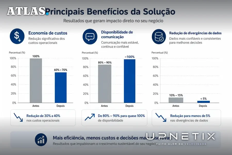Gráfico com indicadores de economia, disponibilidade e redução de divergências de dados na migração de TI da Ecogen