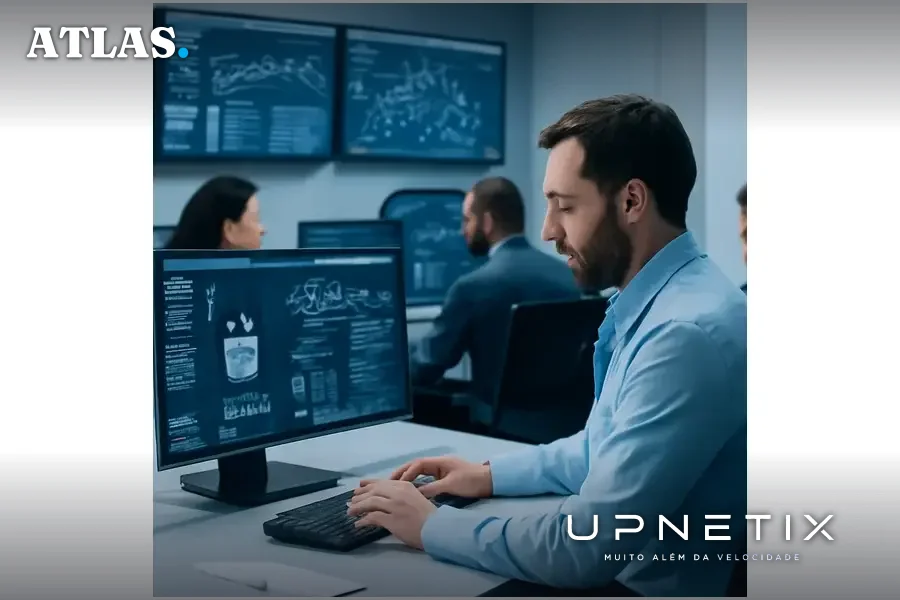 Especialistas em cibersegurança analisando dados em monitores em um ambiente corporativo moderno