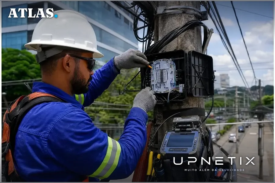 Técnico instalando cabo de fibra óptica em poste urbano durante o dia, com equipamentos de medição e segurança.