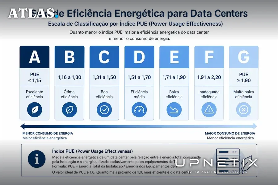 Gráfico mostrando classificação A a G do selo de eficiência energética para data centers baseado no índice PUE.