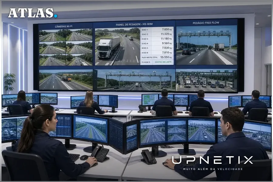 Sala de controle com operadores monitorando câmeras Wi-Fi, pesagem de caminhões e pedágio sem cancelas em rodovia.