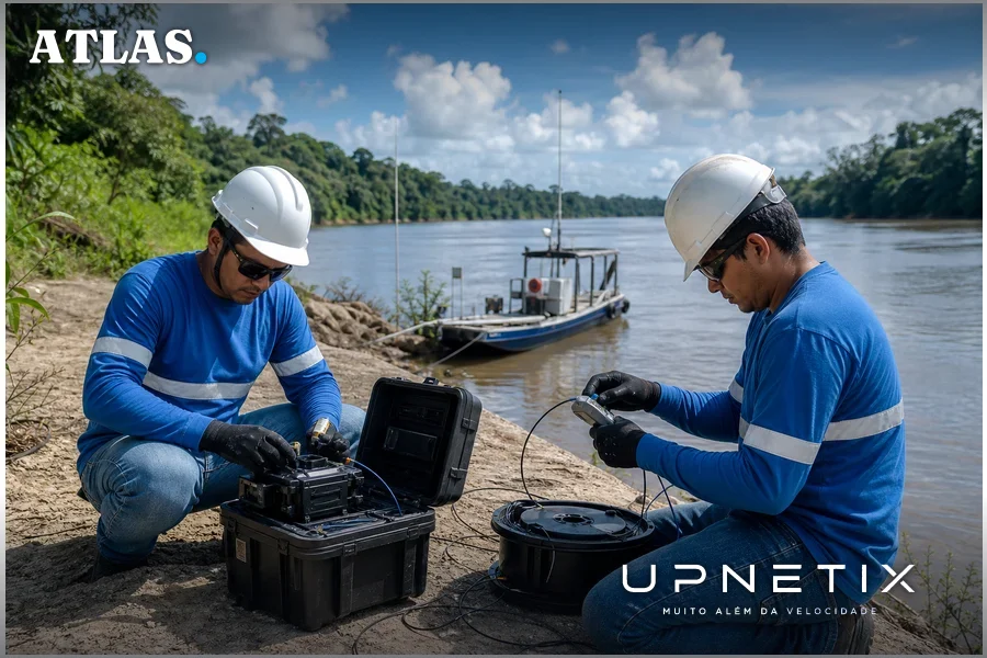 Técnicos da EAF inspecionando cabos de fibra óptica instalados em leito de rio na Amazônia.