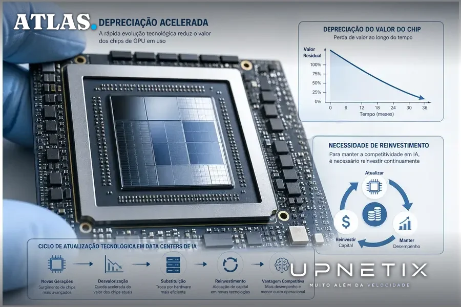 Close-up realista de chip de GPU com gráficos conceituais sobre depreciação acelerada