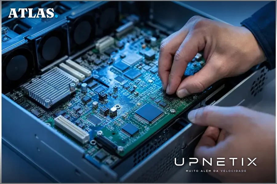 Close-up realista de um chip BMC dentro de um servidor