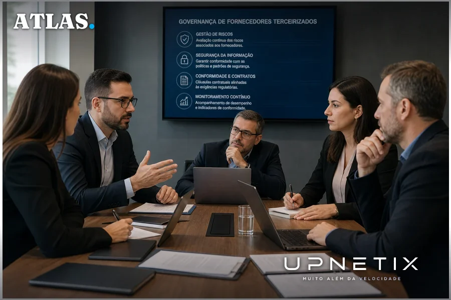 Gestores de TI discutindo governança e riscos de fornecedores terceirizados em reunião corporativa.