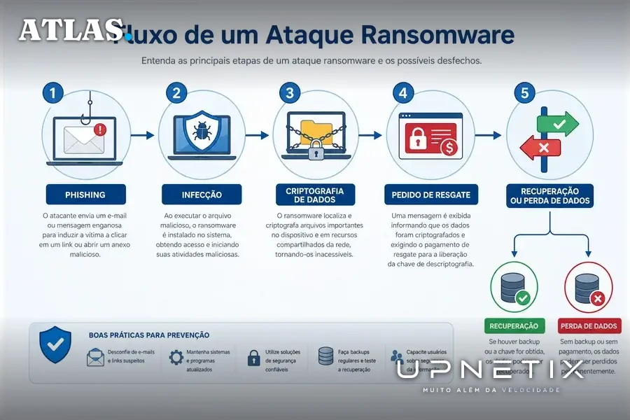 Diagrama explicativo do processo de ataque ransomware com etapas e ícones em português
