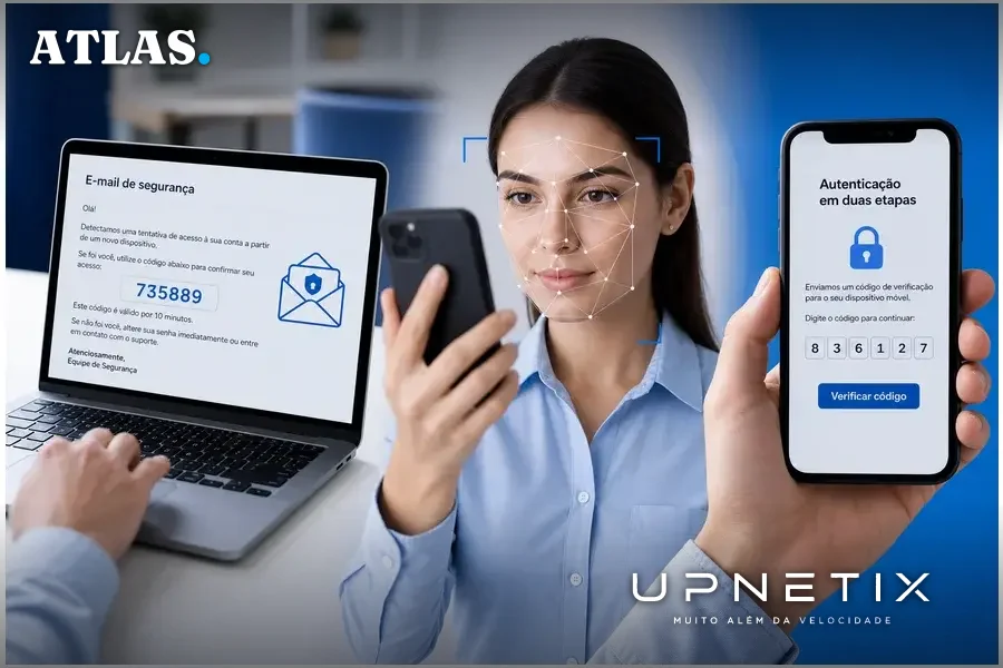 Processo de autenticação digital com reconhecimento facial, e-mail de segurança e verificação em duas etapas