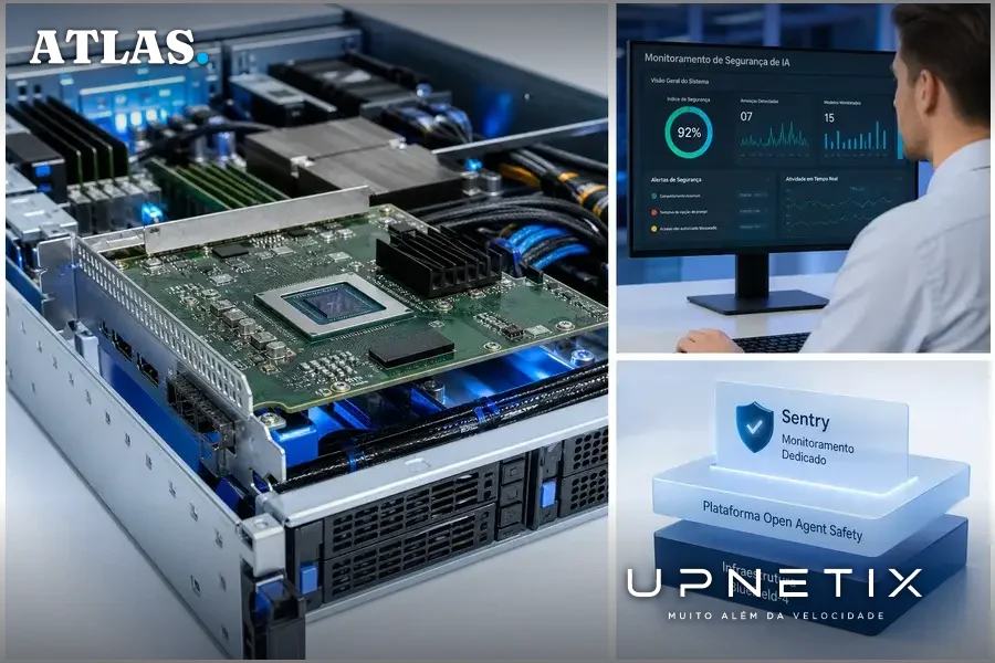 Close-up realista do hardware BlueField-4 da Nvidia instalado em servidor, com iluminação profissional em tons de azul e branco.