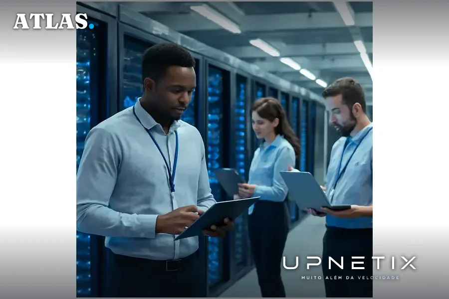 Centro de dados moderno com operadores técnicos usando tablets e laptops em ambiente corporativo claro.