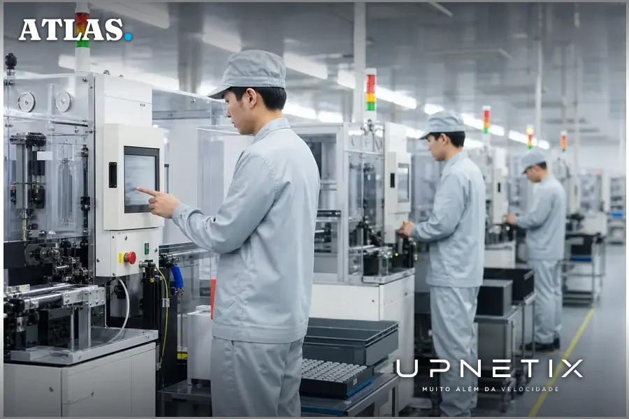 Linha de produção industrial de capacitores MLCC em fábrica com máquinas e operadores.