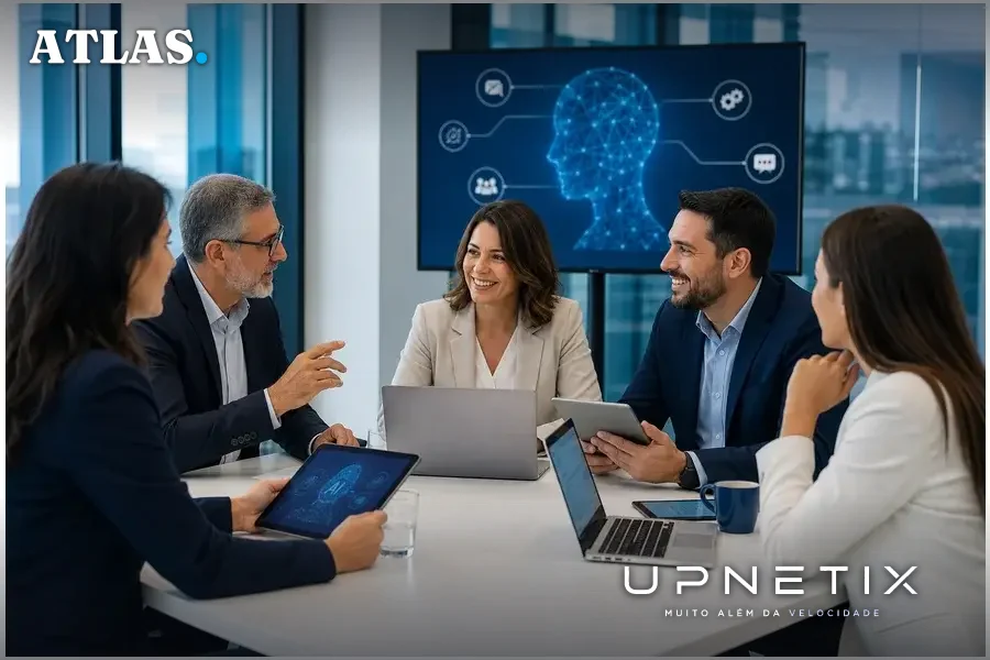 Equipe bancária discutindo estratégias de IA generativa para atendimento e automação.