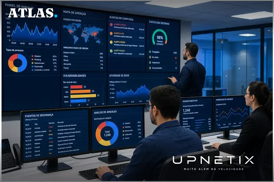 Equipe de TI monitorando sistemas de segurança em ambiente corporativo moderno.