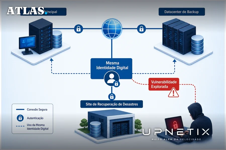 Diagrama realista ilustrando falha de segurança em credenciais compartilhadas entre datacenter e site de recuperação.
