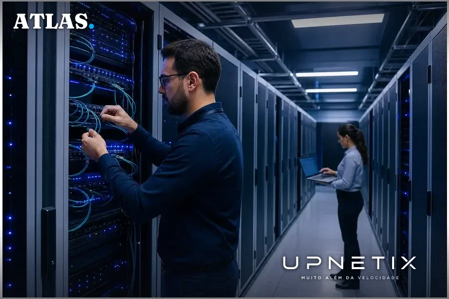 Data center moderno com conectividade óptica de alta velocidade e servidores.