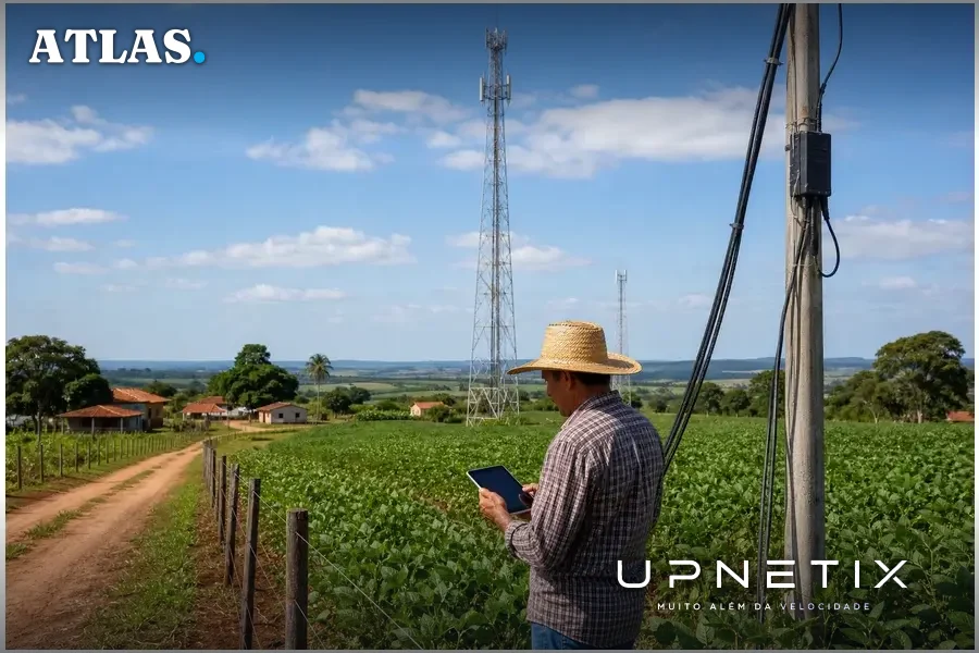 Cena realista de infraestrutura de telecomunicações em área rural brasileira com torres e cabos de fibra óptica