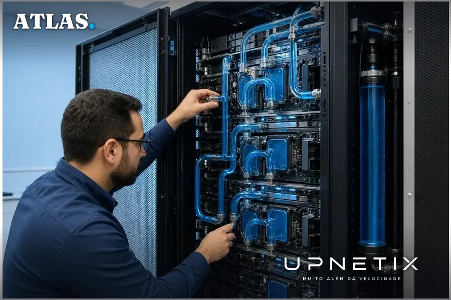 Rack de servidores com sistema de refrigeração líquida em destaque