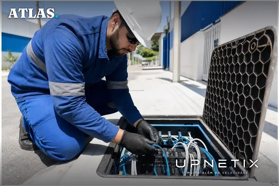 Técnico trabalhando em caixa de distribuição subterrânea de telecomunicações