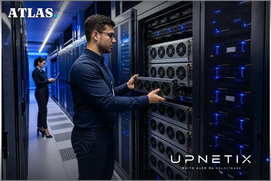 Data center moderno com servidores equipados com GPUs para IA, ambiente técnico corporativo.