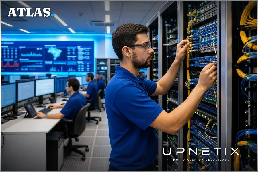 Centro de operações com técnicos monitorando rede de fibra óptica moderna da AT&T.