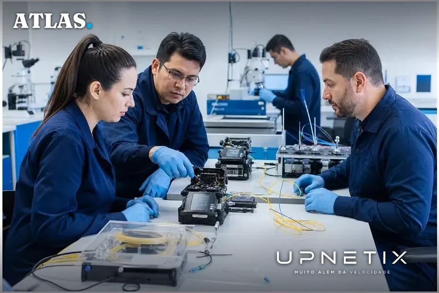 Equipe técnica testando tecnologia hollow-core em fibra óptica no laboratório