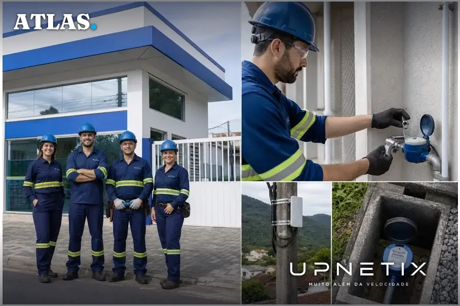 Técnicos instalando hidrômetros inteligentes NB-IoT em residências de Pomerode com a sede da Pomerwasser ao fundo