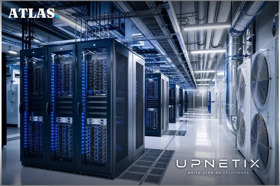 Interior realista de data center com servidores e sistemas de resfriamento a ar visíveis
