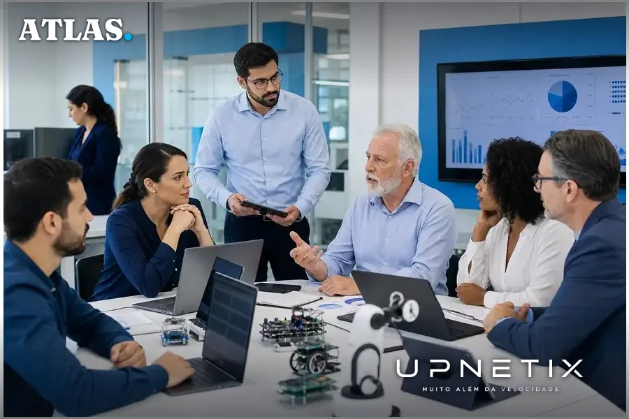 Executivos e pesquisadores em reunião de inovação tecnológica discutindo projetos digitais.