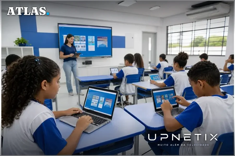 Sala de aula moderna em escola pública conectada financiada pelo Fust Direto