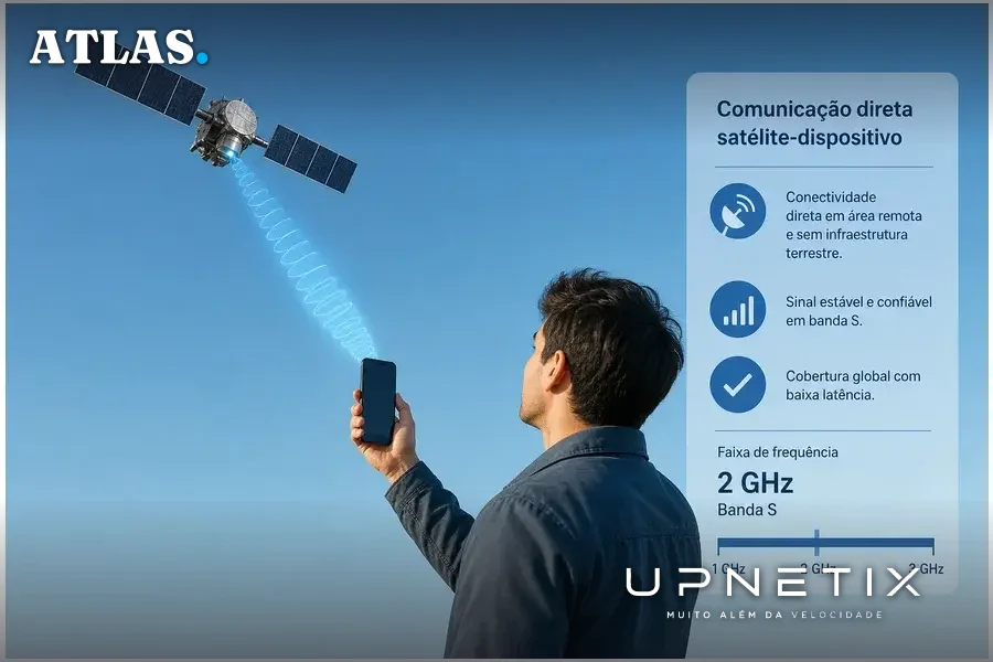 Smartphone recebendo sinal diretamente de satélite Starlink em órbita baixa.