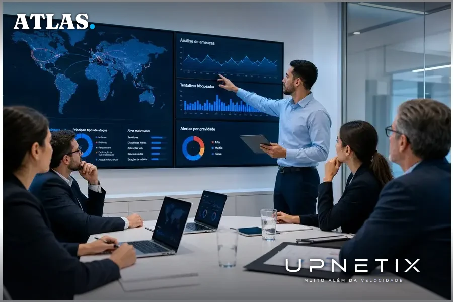 Especialistas em cibersegurança analisando dados e gráficos em reunião empresarial