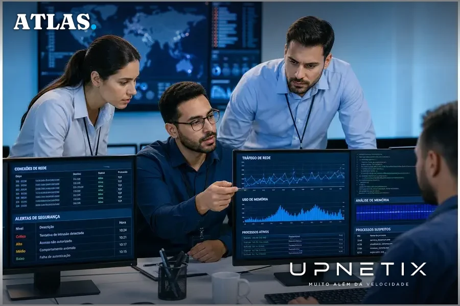 Equipe de analistas de segurança cibernética monitorando tráfego de rede e memória para detectar ataques sofisticados.