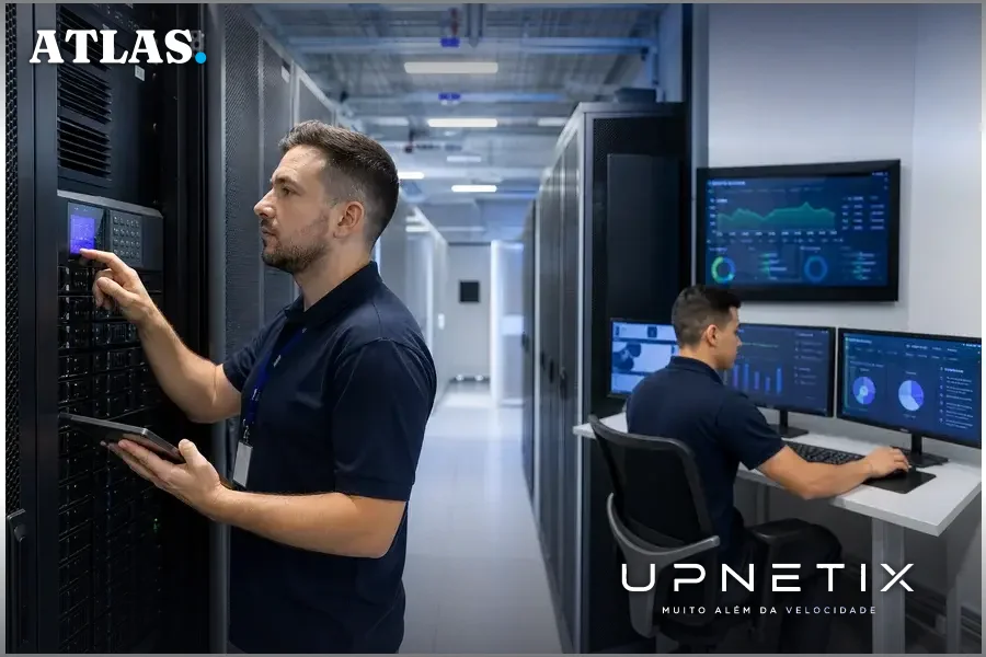 Interior de data center da Ascenty com técnicos e servidores
