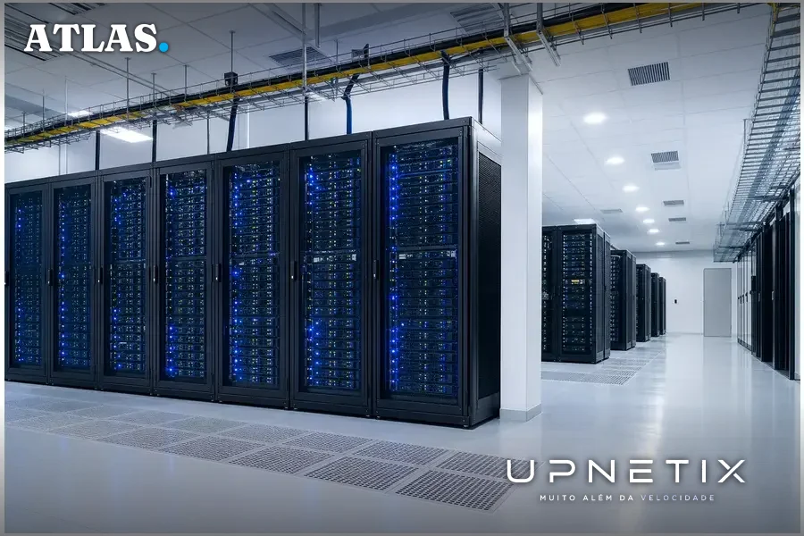 Interior realista de um data center moderno no Brasil com servidores alinhados e luzes azuis.