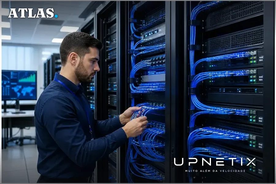 Centro de dados com equipamentos de rede óptica e IP, racks de servidores e cabos de fibra iluminados em azul.