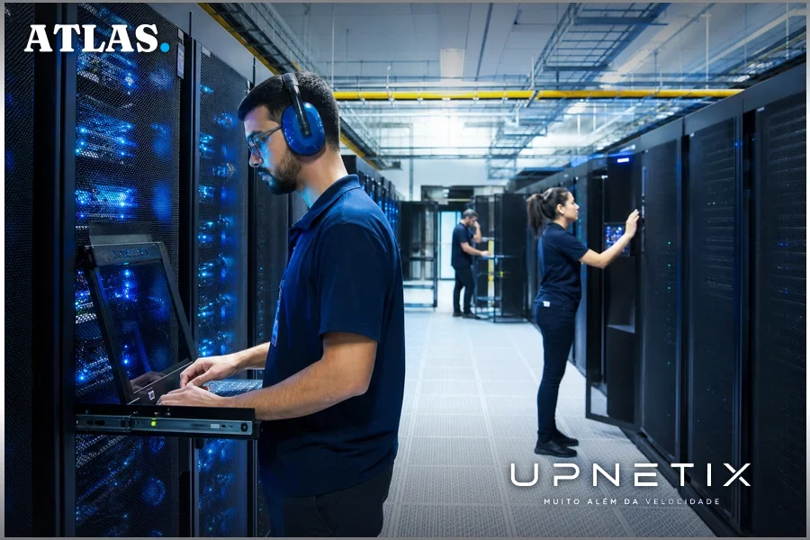 Interior realista de data center moderno brasileiro com servidores e técnicos trabalhando.