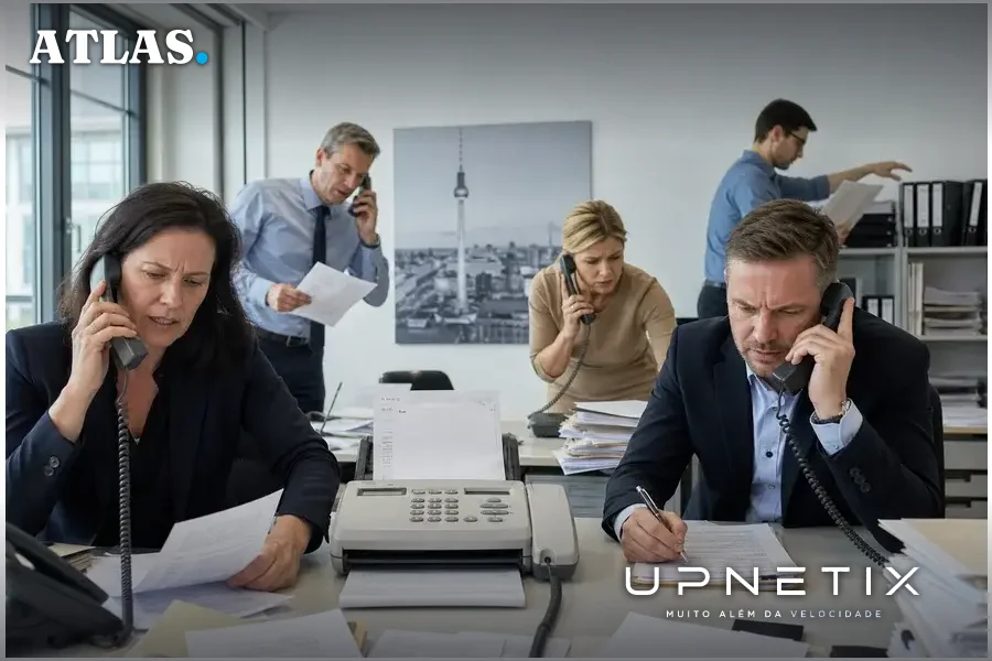 Funcionários em escritório governamental usando telefone, papel e fax devido à indisponibilidade dos sistemas digitais.