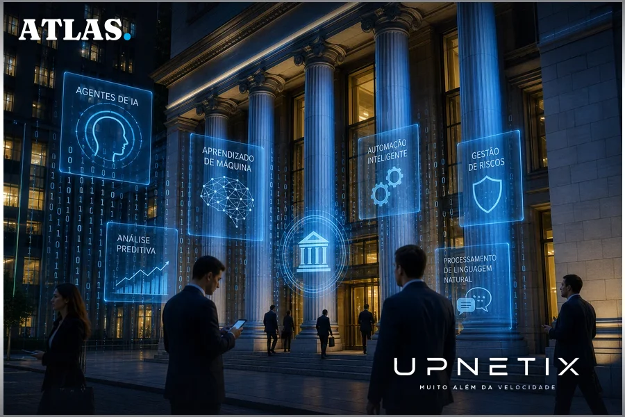 Fachada de banco americano à noite com efeitos digitais representando inteligência artificial.