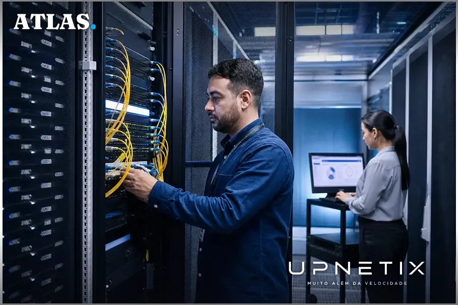 Data center com cabos ópticos de alta densidade interligando servidores
