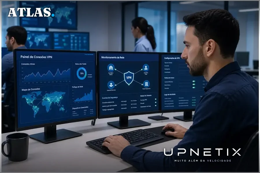 Técnicos de TI configurando VPNs em ambiente corporativo com múltiplos monitores.