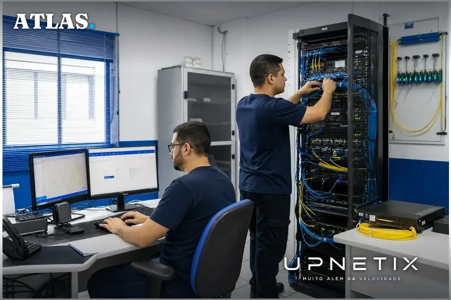 Pequeno provedor de internet brasileiro com técnicos e equipamentos de rede