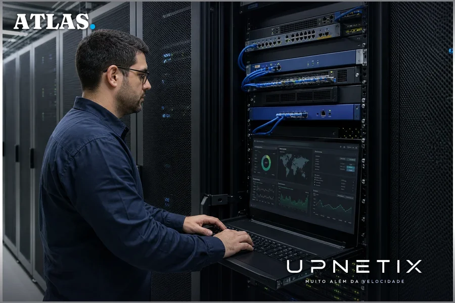 Rack de servidores e appliances de rede em data center corporativo moderno, com firewalls, VPNs e controladores SD-WAN.