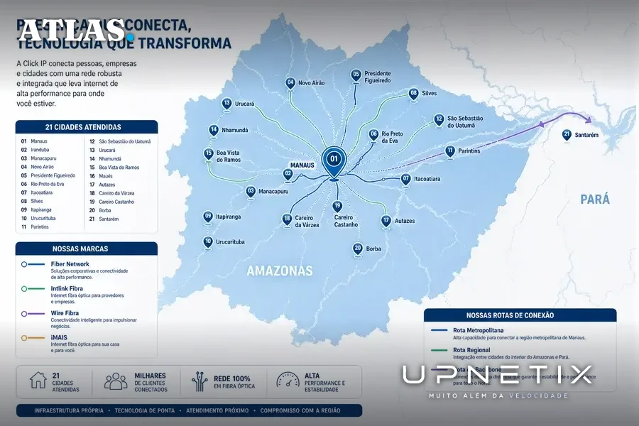 Mapa realista da rede da Click IP no Amazonas com cidades atendidas e rotas de fibra óptica