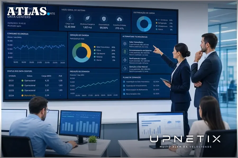 Painel de controle moderno de sistema energético inteligente para planejamento de data centers.