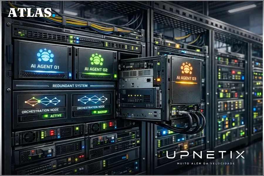 Servidores modulares em um data center destacando arquitetura resiliente, onde módulos podem ser trocados sem interrupção.