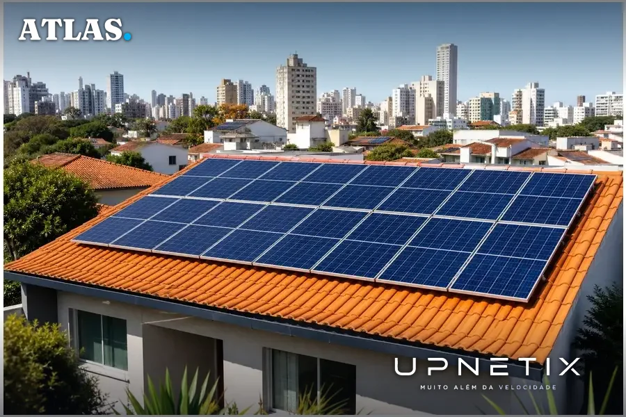 Painéis solares em telhados residenciais urbanos no Brasil durante o dia