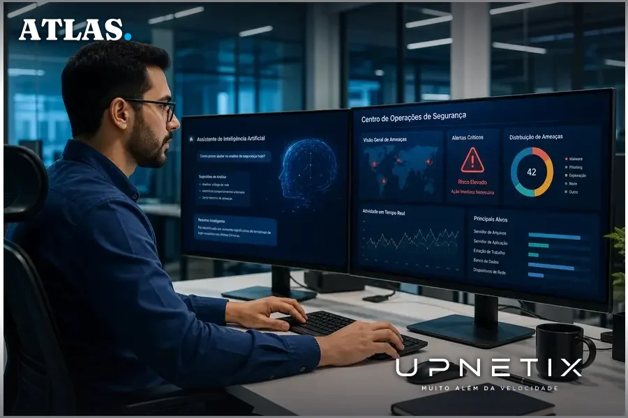 Profissional de TI operando sistema com inteligência artificial para gerenciar riscos cibernéticos
